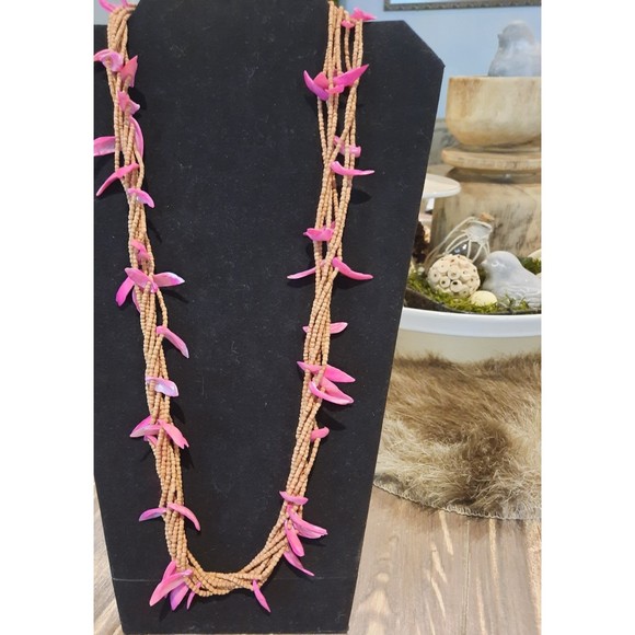Vintage Pink Abalone Shell and Brown Seed Beads, Multi Strand Necklace - Picture 2 of 5